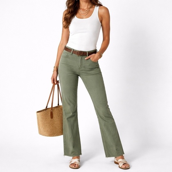 Lucky Brand Pants - Vintage Lucky Brand Dungarees Women Size 14 Olive Green Raw Hem Y2K Pants Cotton